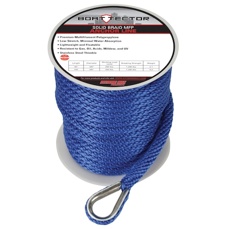 Extreme Max 3006.2060 BoatTector Solid Braid MFP Anchor Line With Thimble - 3/8 X 100', Royal Blue